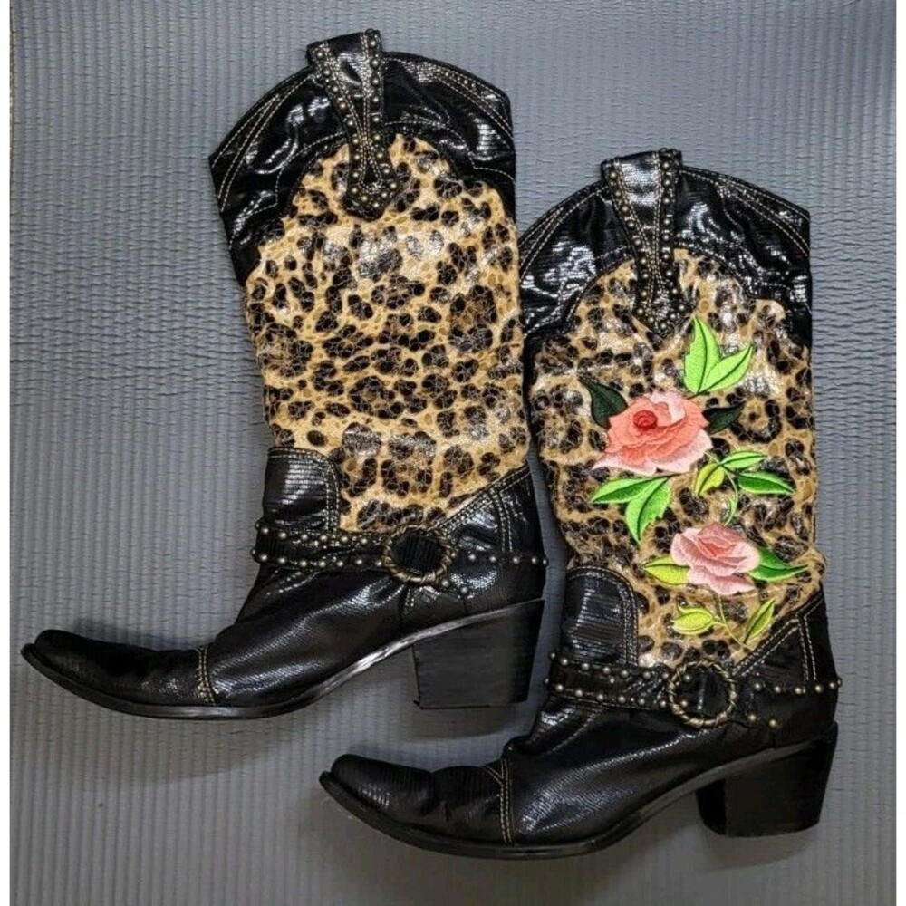 J. Renee Dakota Cowboy Boots Leopard Print Rose Embroidered Western Black Sz 9M
